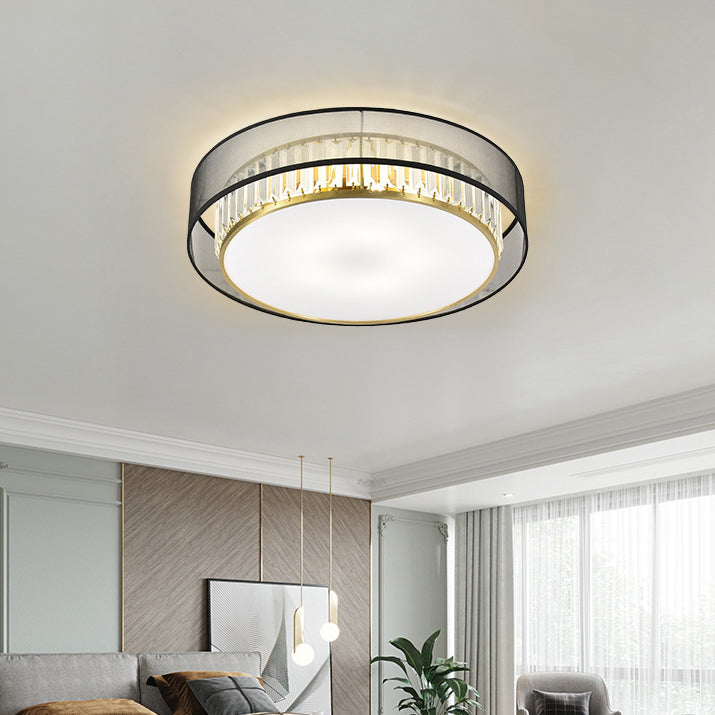 Modern Flush Light Drum Ceiling Lighting with Crystal and Fabric for Bedroom