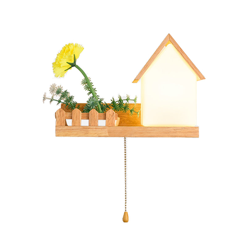 Modern Style House Shade Wall Light Wood 1 Light Sconces for Bedroom without Plant