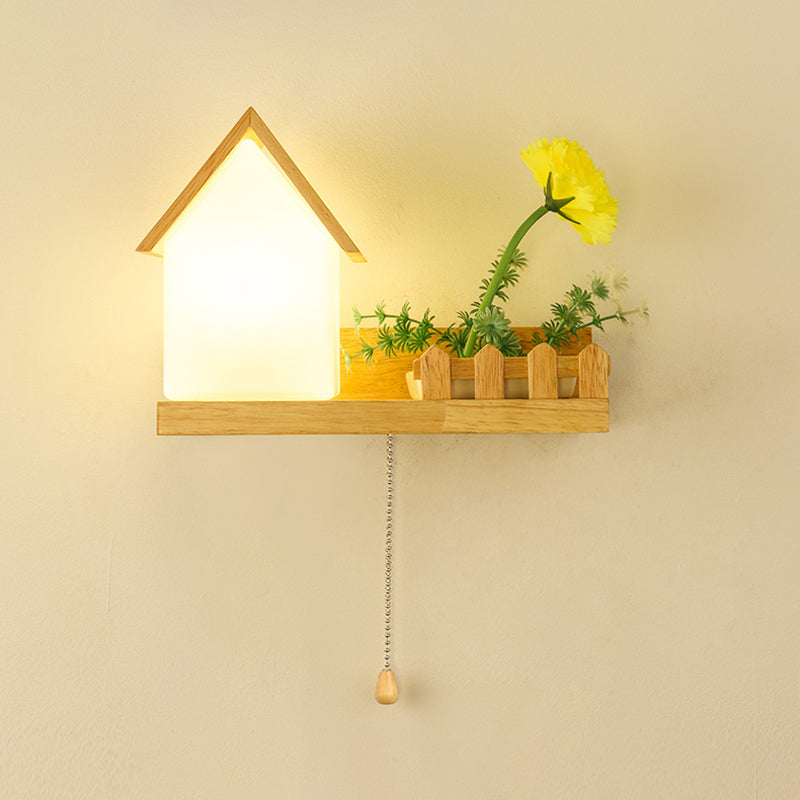 Modern Style House Shade Wall Light Wood 1 Light Sconces for Bedroom without Plant