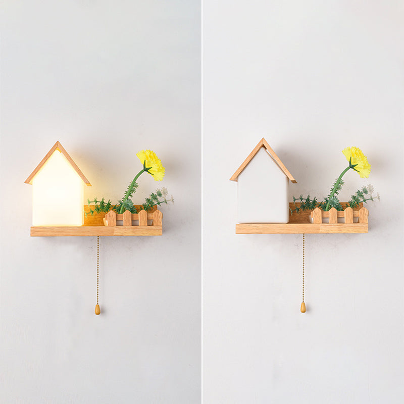 Modern Style House Shade Wall Light Wood 1 Light Sconces for Bedroom without Plant