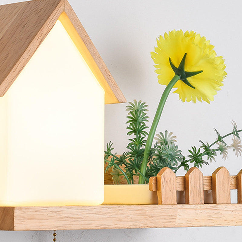 Modern Style House Shade Wall Light Wood 1 Light Sconces for Bedroom without Plant