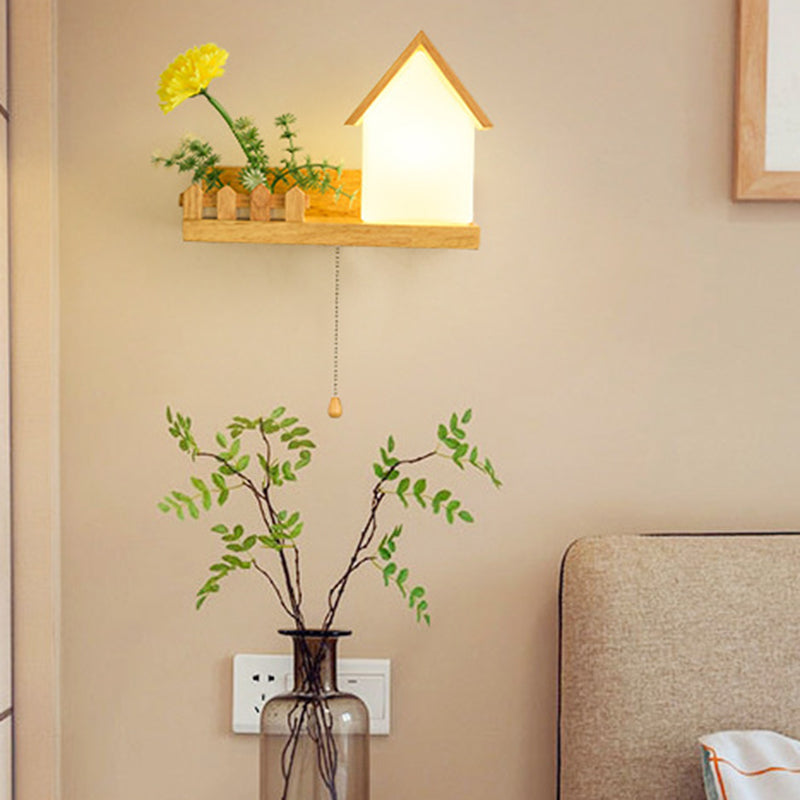 Modern Style House Shade Wall Light Wood 1 Light Sconces for Bedroom without Plant
