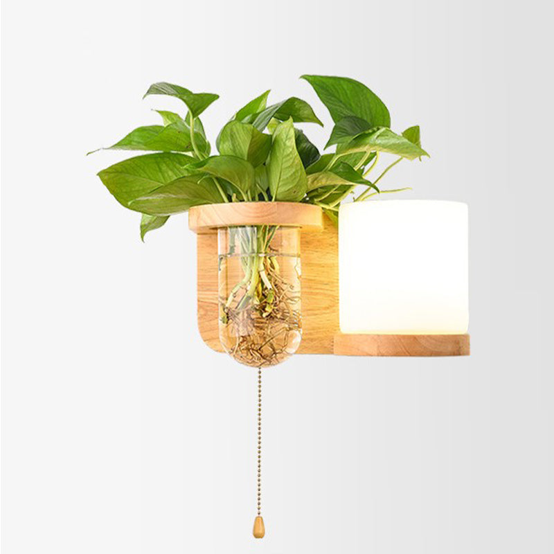 Modern Style Cylinder Shade Wall Light Wood 1 Light Sconces for Living Room without Plant