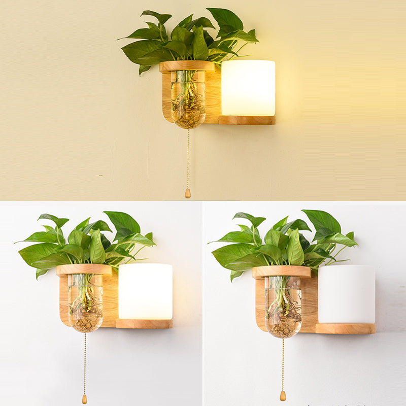 Modern Style Cylinder Shade Wall Light Wood 1 Light Sconces for Living Room without Plant