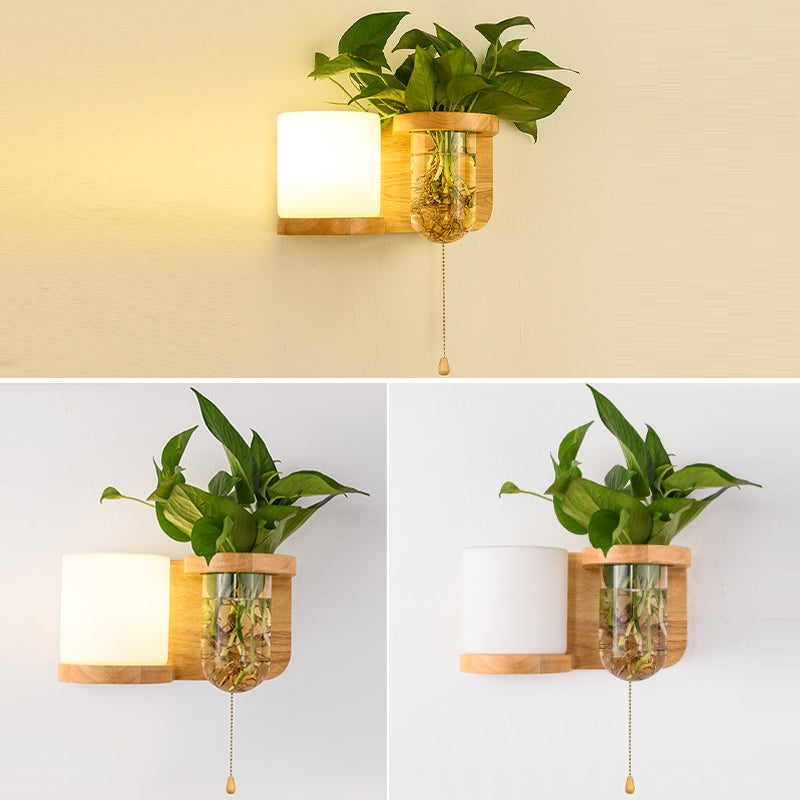 Modern Style Cylinder Shade Wall Light Wood 1 Light Sconces for Living Room without Plant