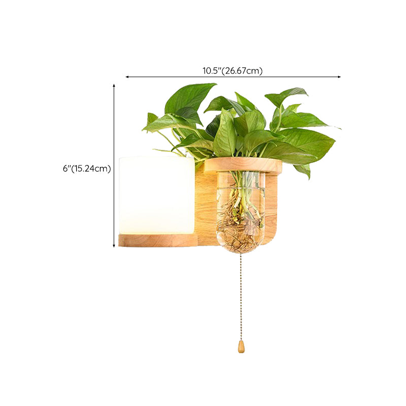 Modern Style Cylinder Shade Wall Light Wood 1 Light Sconces for Living Room without Plant