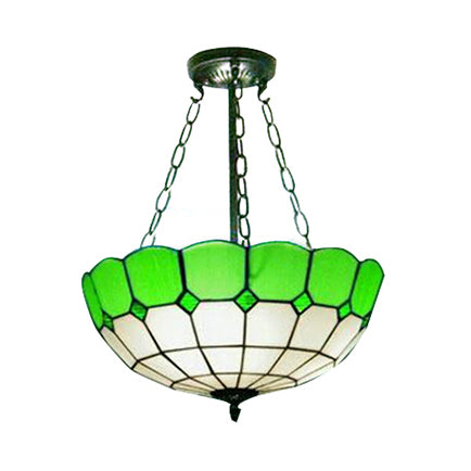 Lodge Bowl Semi Flush Light Stained Glass 2/3 Lights Semi Flush Ceiling Fixture with Chain in Green
