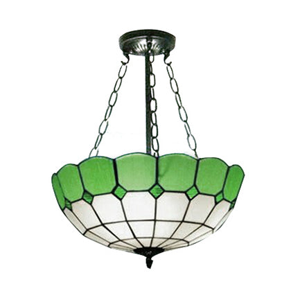 Lodge Bowl Semi Flush Light Stained Glass 2/3 Lights Semi Flush Ceiling Fixture with Chain in Green