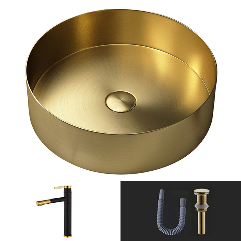Modern Vessel Bathroom Sink Round Metal with Pop-Up Drain Vessel Lavatory Sink