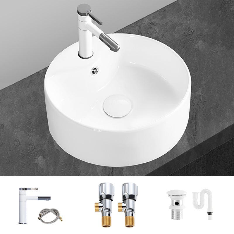 Modern Vessel Bathroom Sink Round Porcelain with Overflow Vessel Lavatory Sink