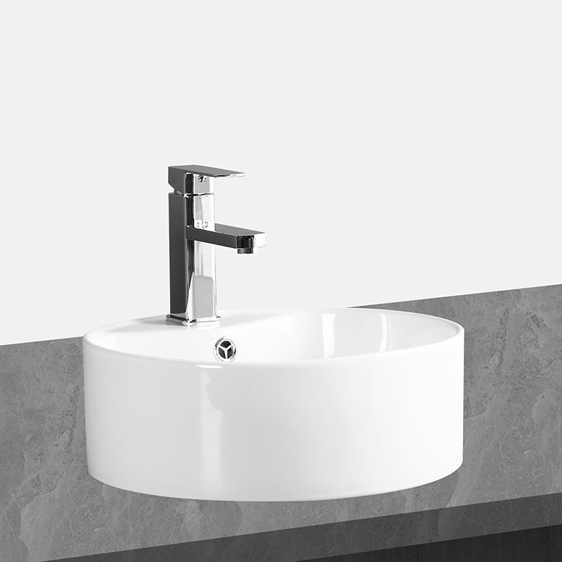 Modern Vessel Bathroom Sink Round Porcelain with Overflow Vessel Lavatory Sink