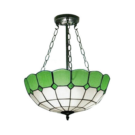 Vintage Bowl Ceiling Fixture Stained Glass 2/3 Lights Semi Flush Mount in Green for Living Room