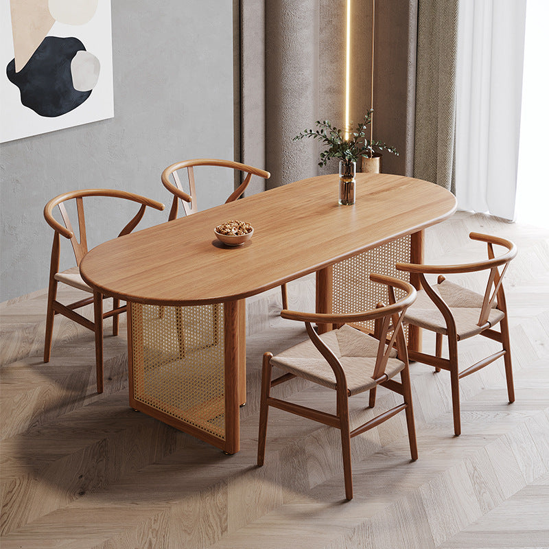 Modern Solid Wood Dining Table Rattan Pedestal Dining Table for Dining Room