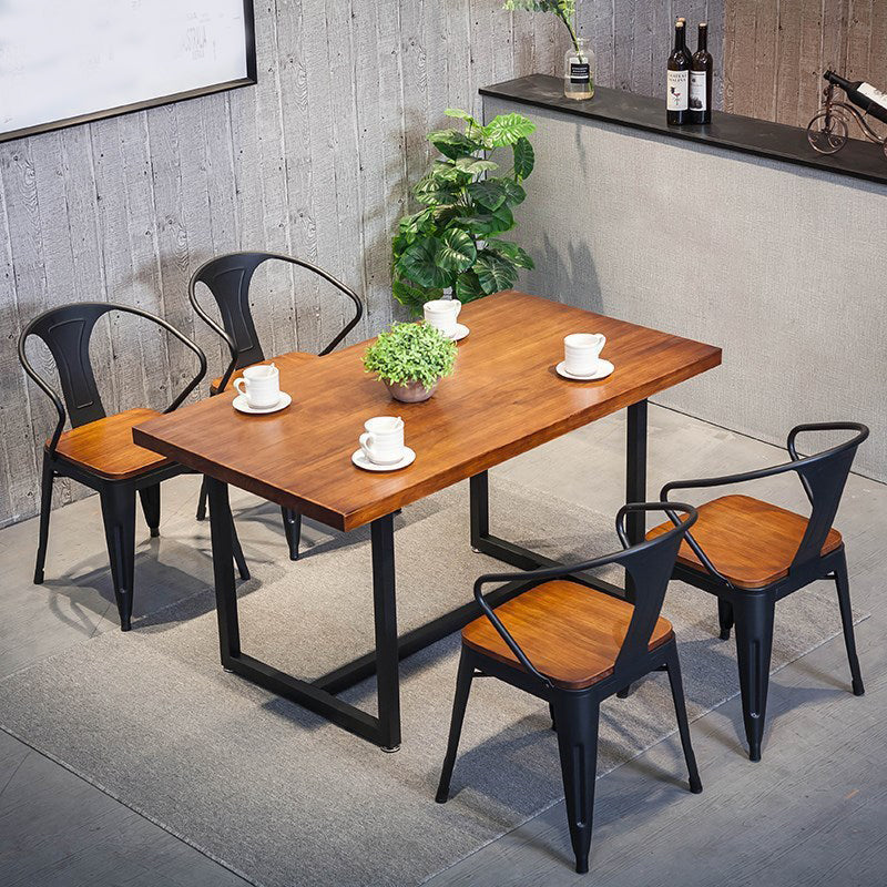 Indoor Rectangle Table with Metal Base Industrial Brown Wood Top Dining Table