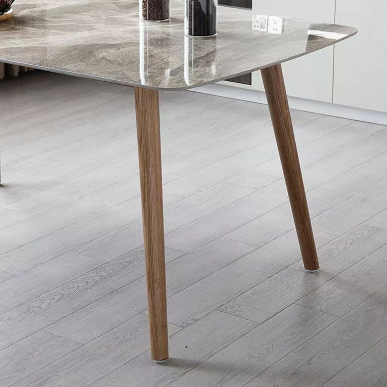 Glossy Gray Stone Top Dinette Table with Wooden Frame Mid-Century Dining Table for Home
