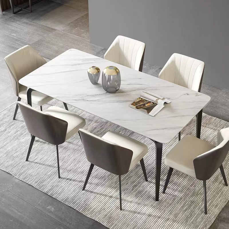 Industrial Rectangle Dining Table White Stone Top Table with Black Metal Legs