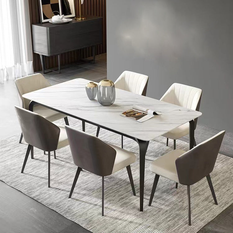 Industrial Rectangle Dining Table White Stone Top Table with Black Metal Legs