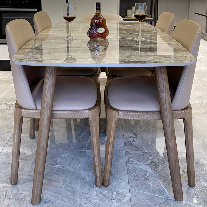 Gray Stone Top Table with Ash Wood Frame Modern Dining Table for Home