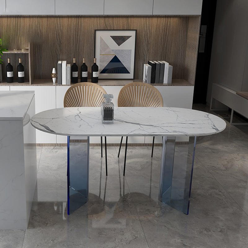 White Oval Stone Dining Table Modern Acrylic Double Pedestal Dining Table