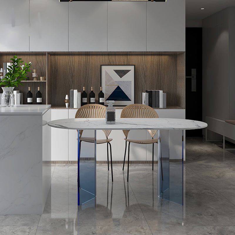 White Oval Stone Dining Table Modern Acrylic Double Pedestal Dining Table