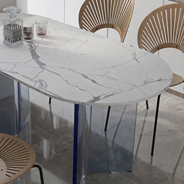 White Oval Stone Dining Table Modern Acrylic Double Pedestal Dining Table