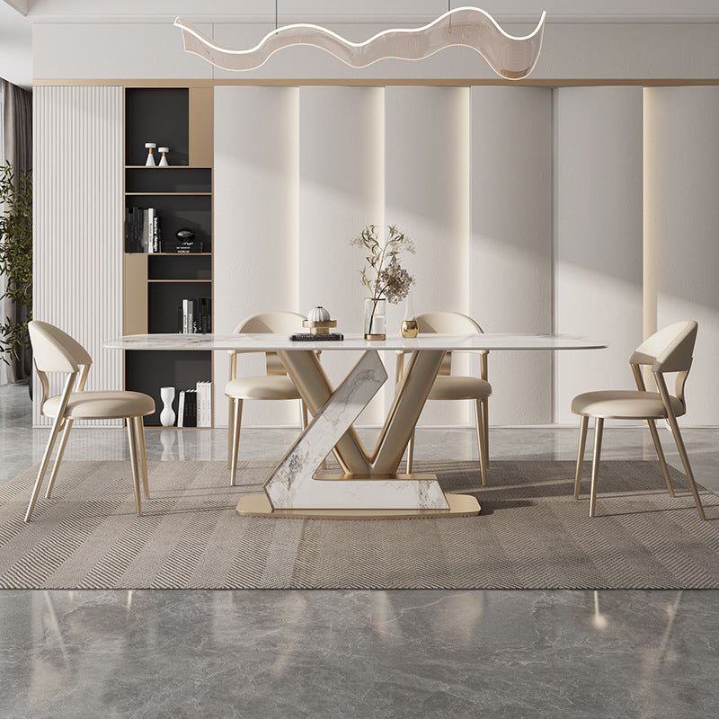 Glam Rectangle Dining Table Sintered Stone Table with Metal Legs for Kitchen