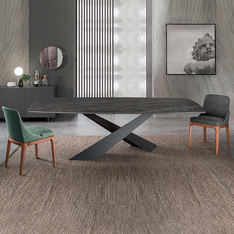 Contemporary Style Rectangle Dining Table Sintered Stone Table with Metal Legs for Kitchen