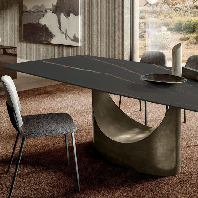 Modern Rectangle Dining Table Sintered Stone Table with Metal Legs for Kitchen