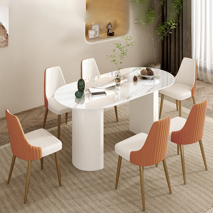 Modern Oval Dining Table Stone Dining Table with Iron Double Pedestal