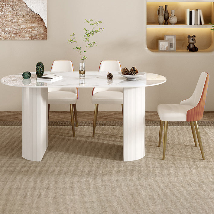 Modern Oval Dining Table Stone Dining Table with Iron Double Pedestal