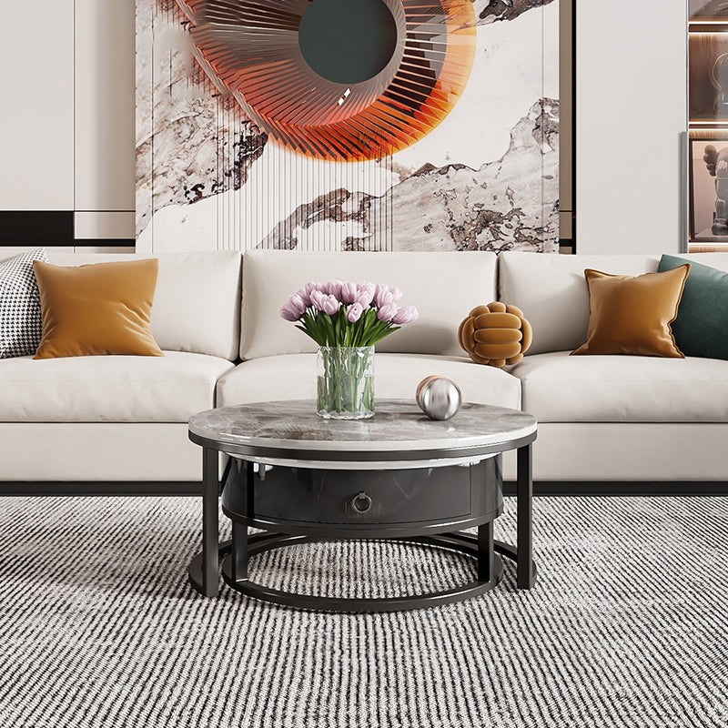 Slate Coffee Cocktail Table Round Coffee Table Set with Drawer