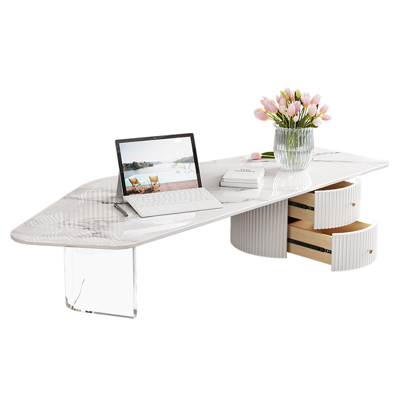 Modern Free Form Slate Cocktail Table 2 Drawers Coffee Table in White
