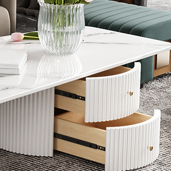 Modern Free Form Slate Cocktail Table 2 Drawers Coffee Table in White