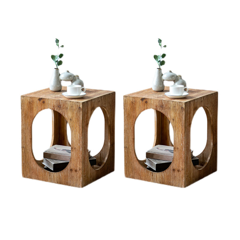 Rustic Wooden Storage End Table Square Drum Side Table in Natural