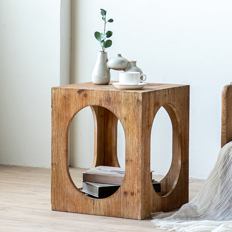 Rustic Wooden Storage End Table Square Drum Side Table in Natural