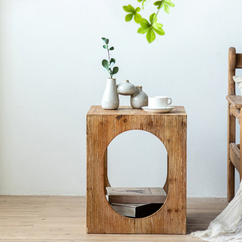Rustic Wooden Storage End Table Square Drum Side Table in Natural