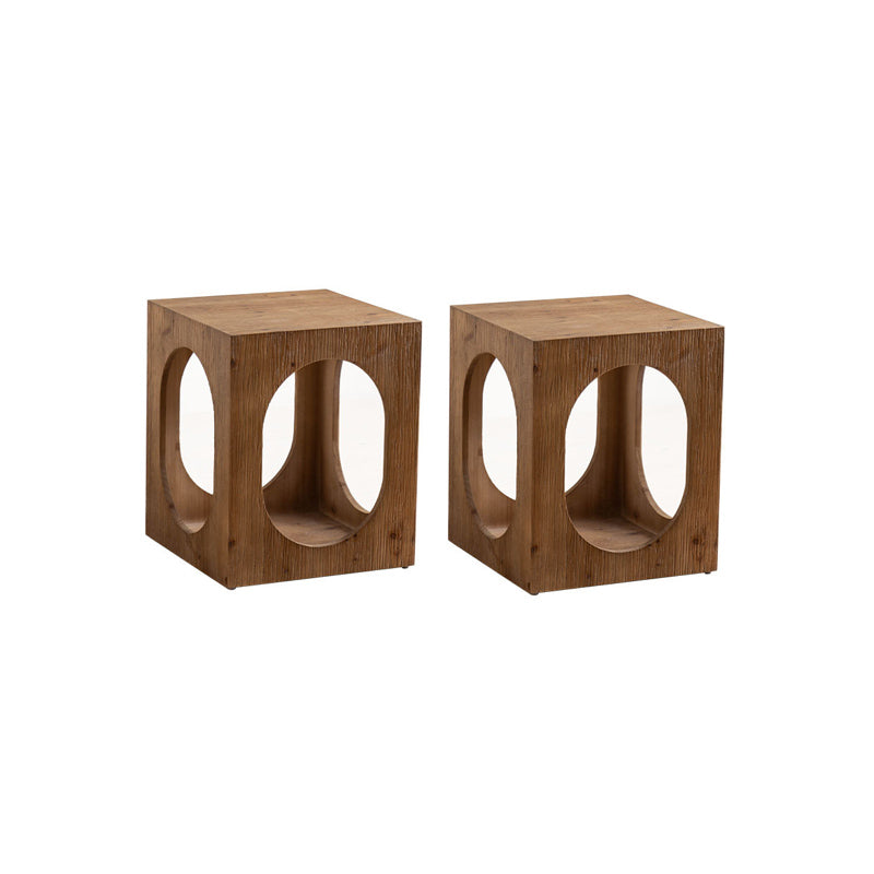 Rustic Square Wooden End Table Natural Drum Sofa Side Accent Table