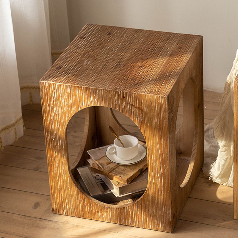 Rustic Square Wooden End Table Natural Drum Sofa Side Accent Table