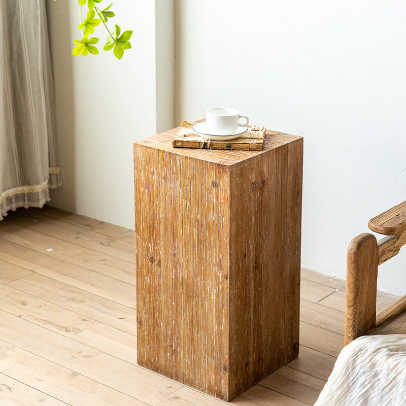 Rustic Square Wooden End Table Natural Drum Sofa Side Accent Table