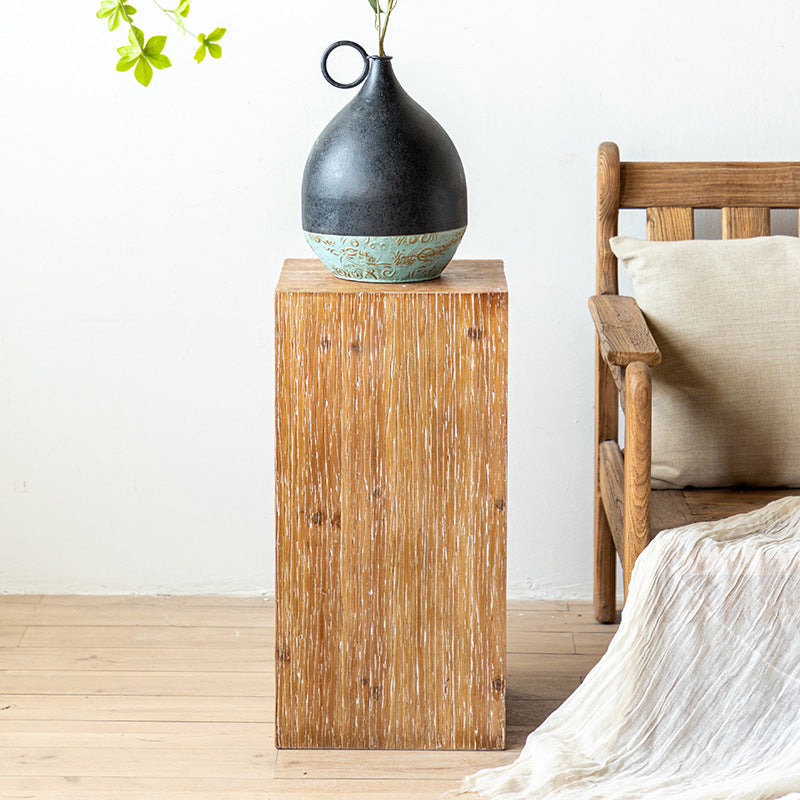 Rustic Square Wooden End Table Natural Drum Sofa Side Accent Table