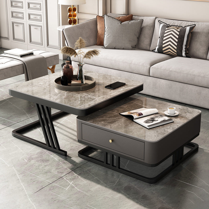Modern Round Glass / Slate Cocktail Table Steel Frame Coffee Table with Drawer