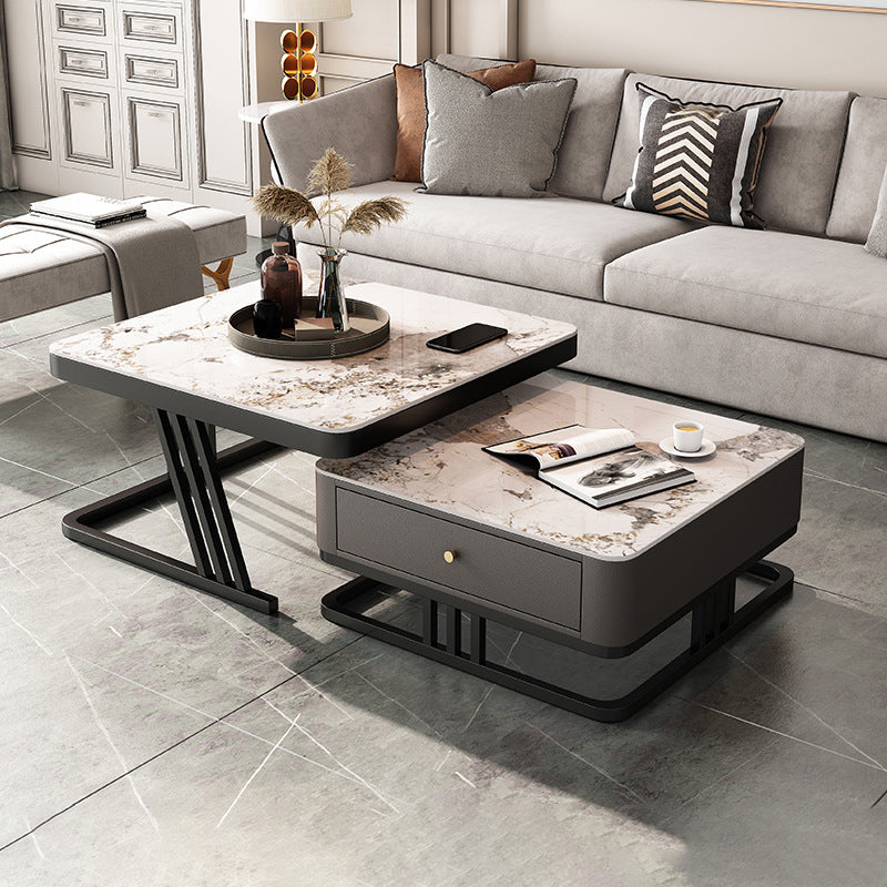 Modern Round Glass / Slate Cocktail Table Steel Frame Coffee Table with Drawer
