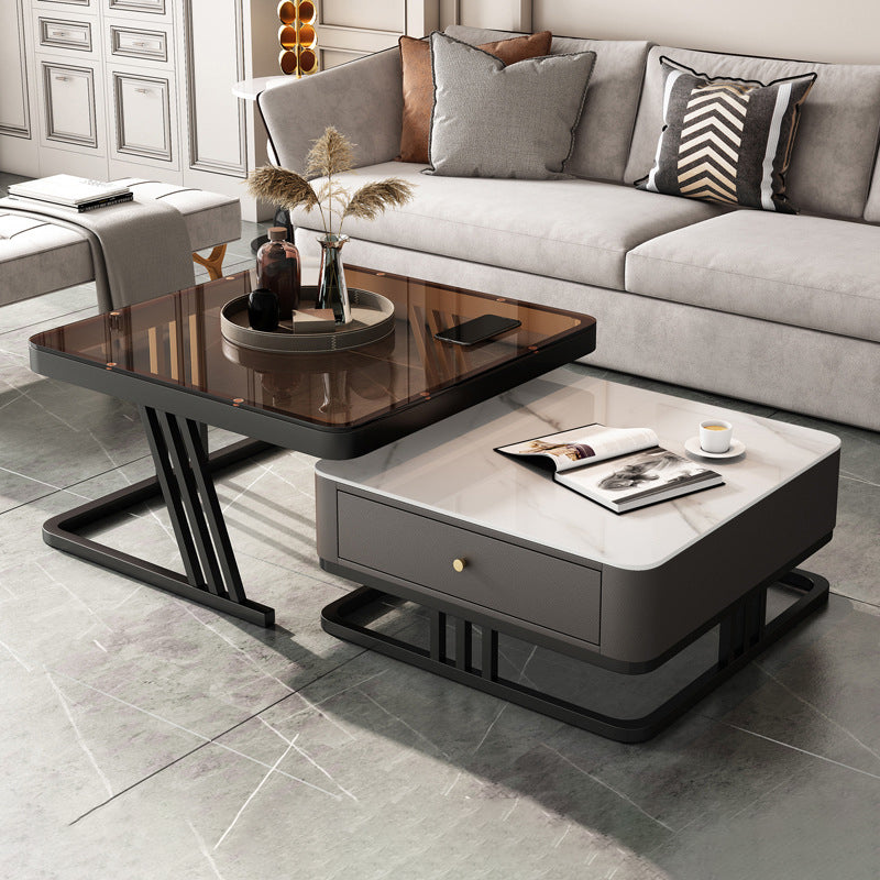 Modern Round Glass / Slate Cocktail Table Steel Frame Coffee Table with Drawer