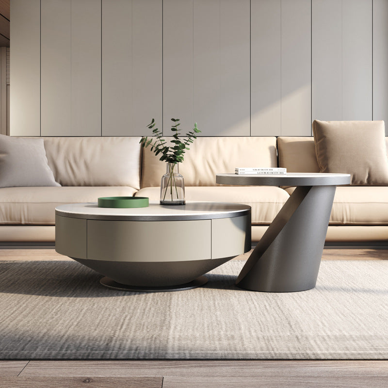 Modern Pedestal Coffee Table Slate Round 2-Piece Coffee Table Set