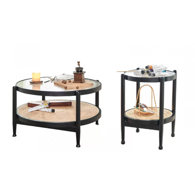Tropical Round Cocktail Table Glass Top Coffee Cocktail Table with Storage