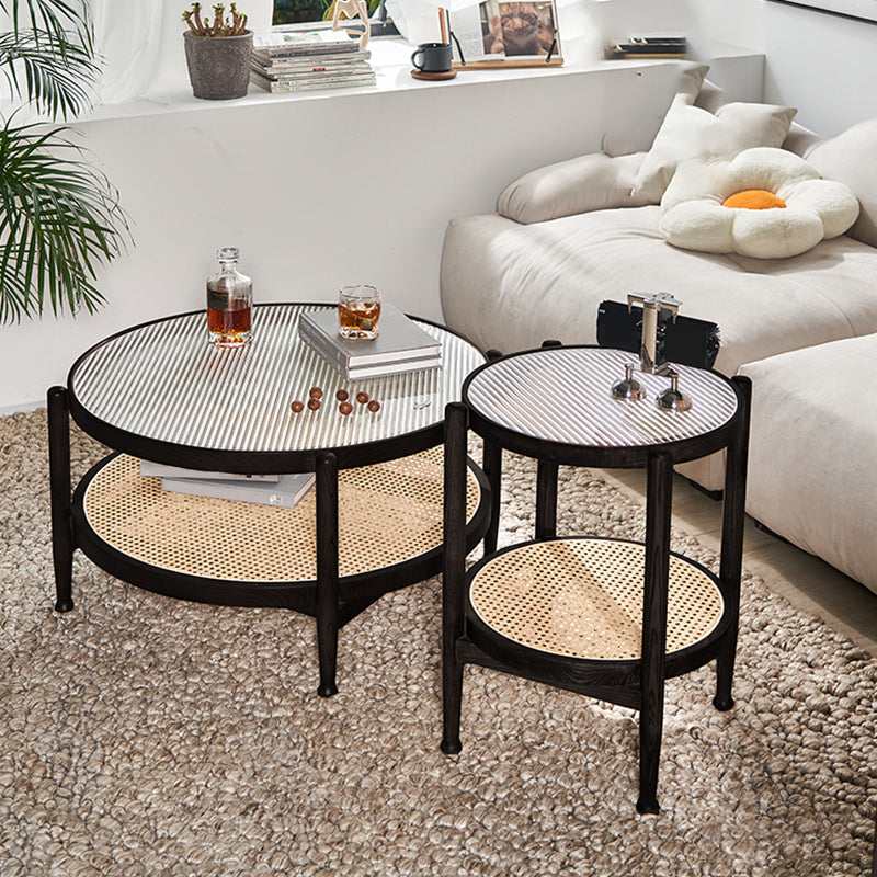 Tropical Round Cocktail Table Glass Top Coffee Cocktail Table with Storage