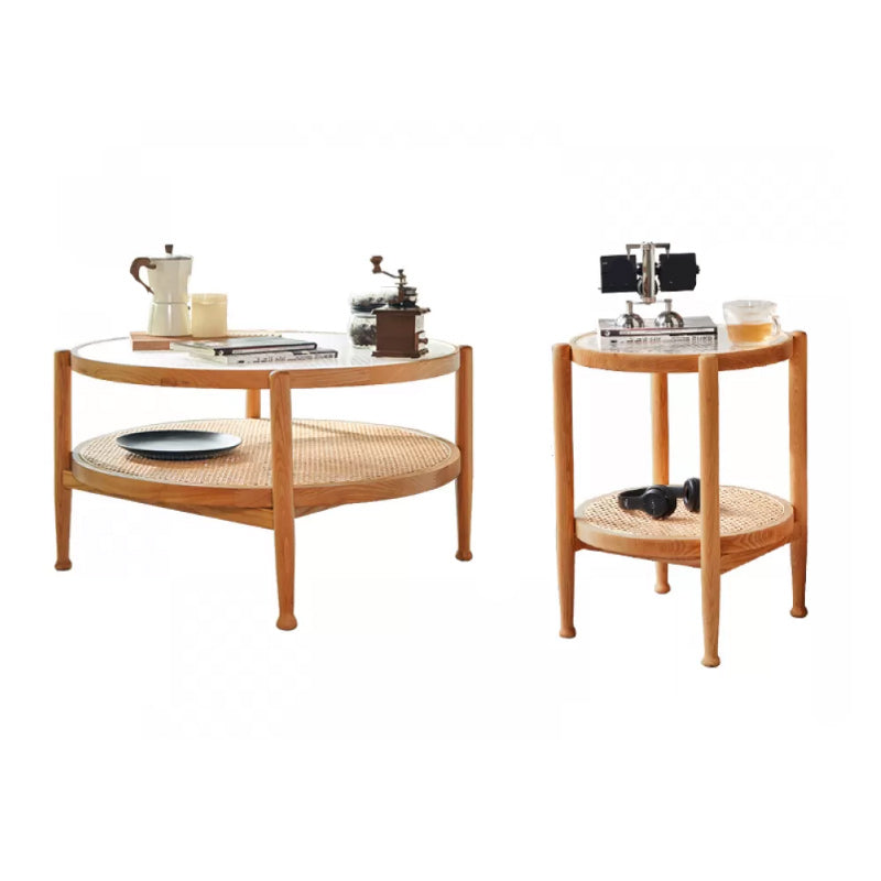 Tropical Round Cocktail Table Glass Top Coffee Cocktail Table with Storage
