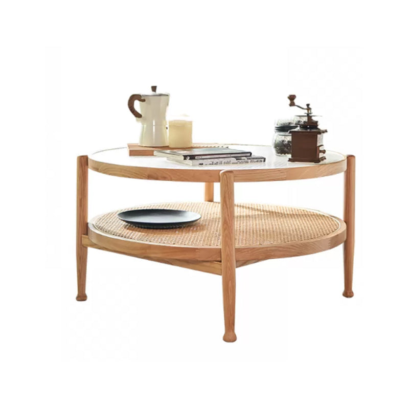 Tropical Round Cocktail Table Glass Top Coffee Cocktail Table with Storage