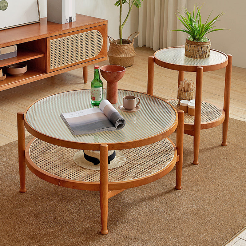 Tropical Round Cocktail Table Glass Top Coffee Cocktail Table with Shelf