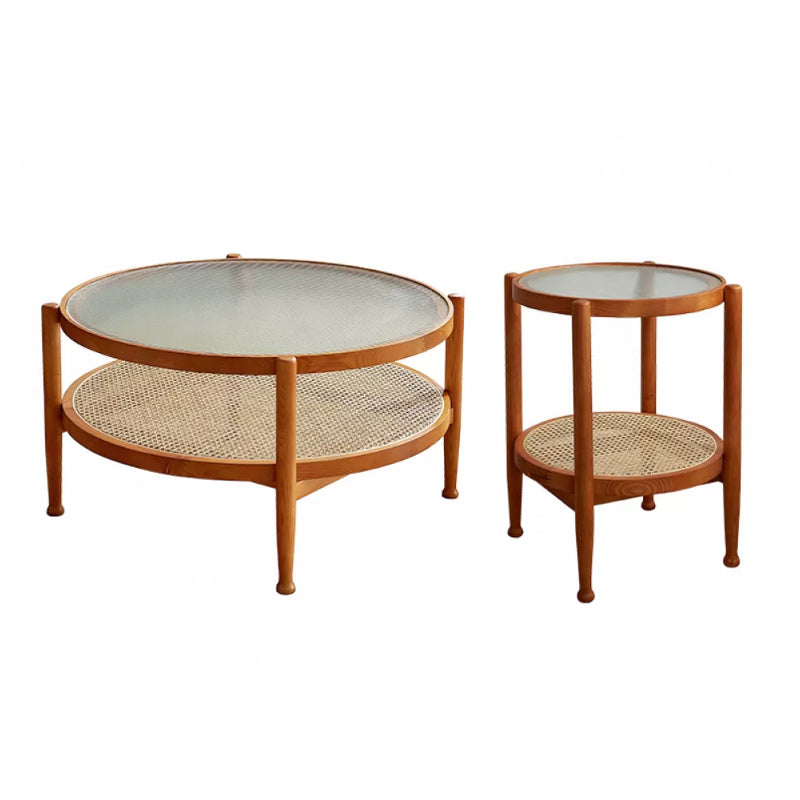 Tropical Round Cocktail Table Glass Top Coffee Cocktail Table with Shelf